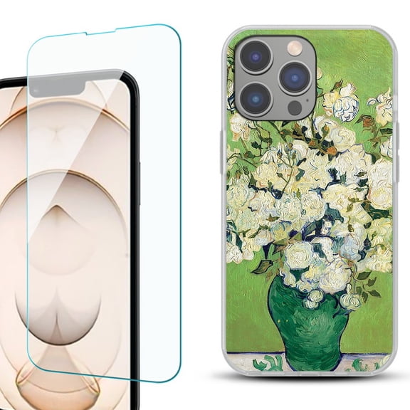 OneToughShield ® for iPhone 15 Pro Shockproof Phone Case, with Tempered Glass Screen Protector - White Roses