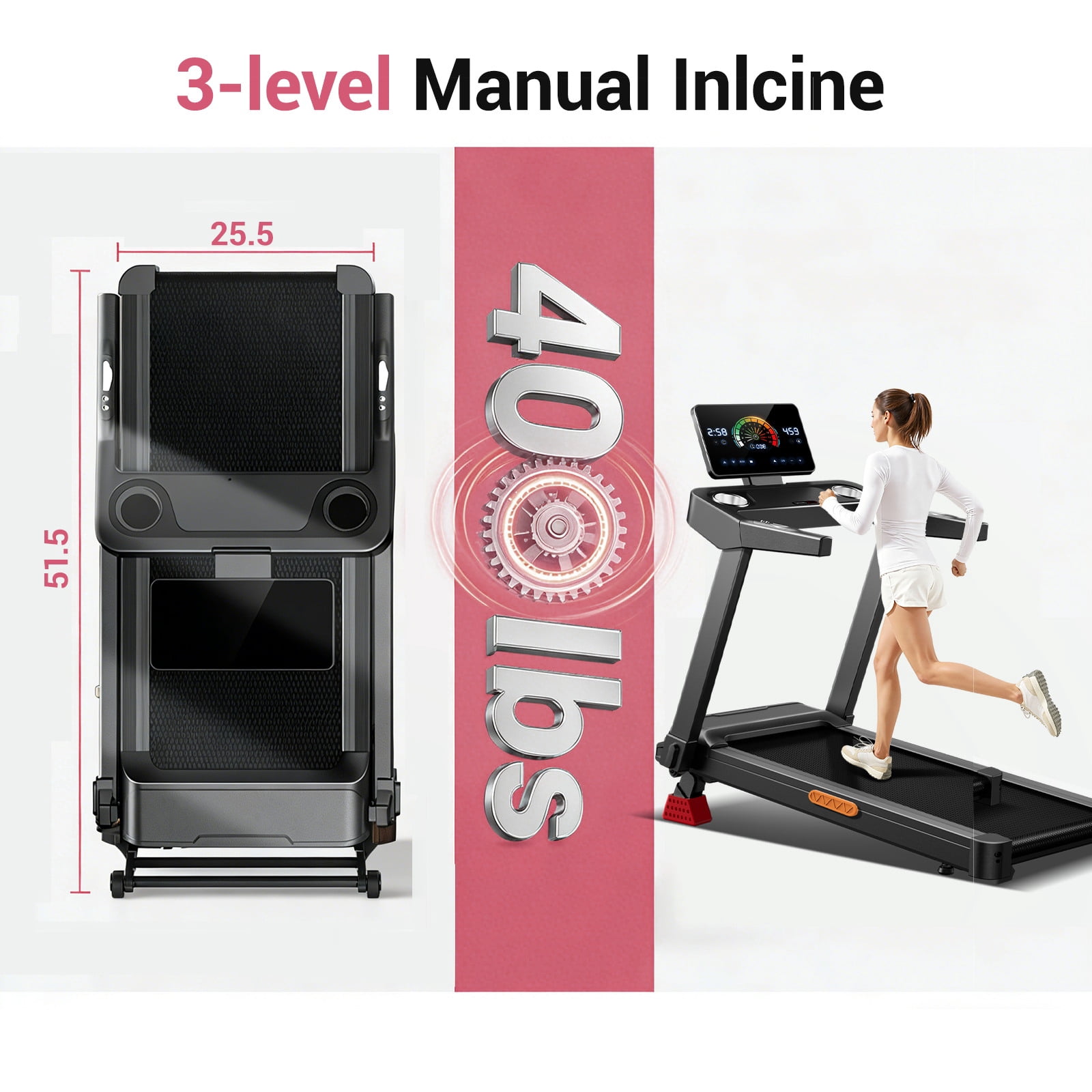 SONITU 20% Manual Incline Treadmill for Home, Foldable 3.5 HP Motor Running Machine, 400 lbs Capacity