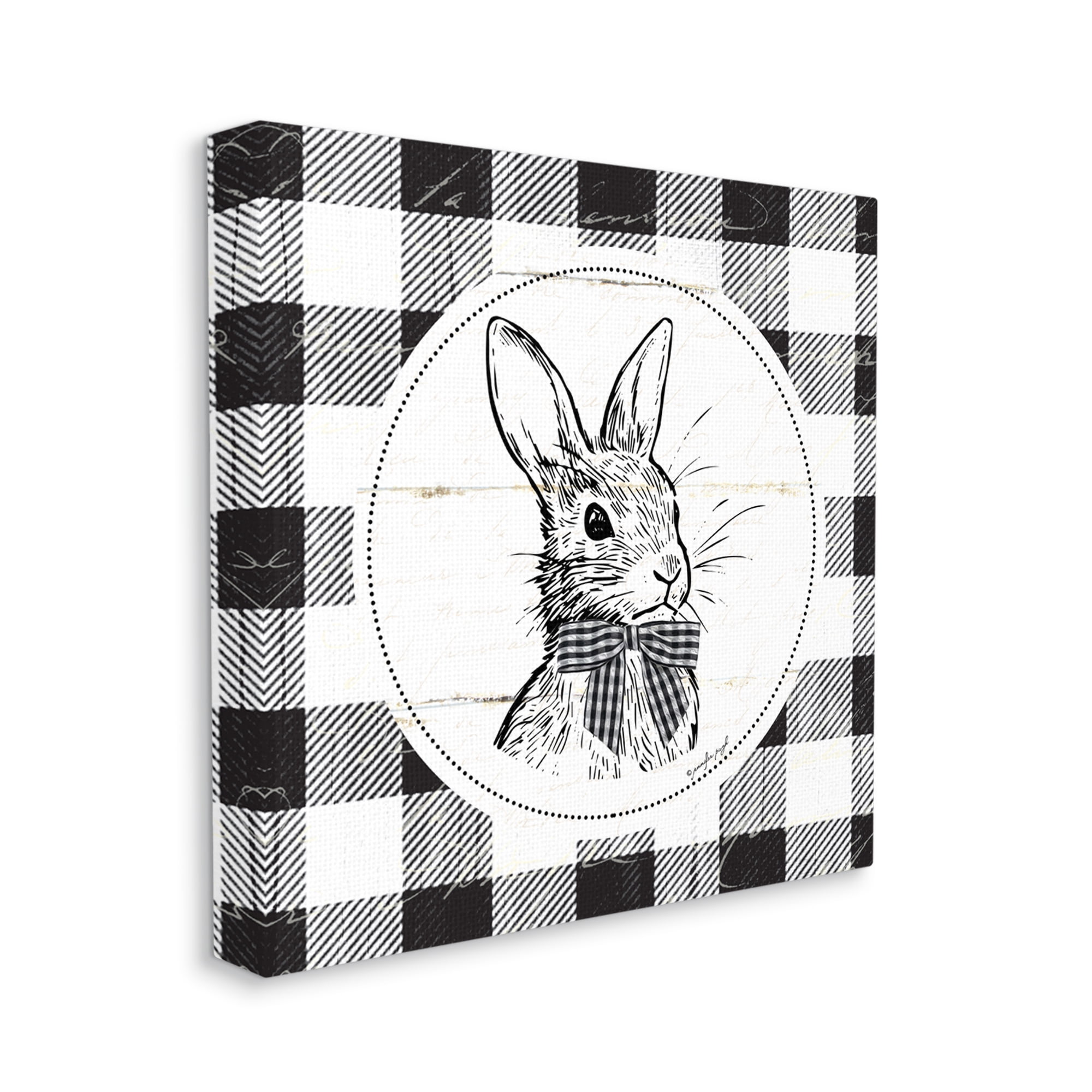 Detailed Easter Bunny Drawing Spring Plaid Border Animals & Insects Graphic Art Gallery-Wrapped Canvas Print Wall Art