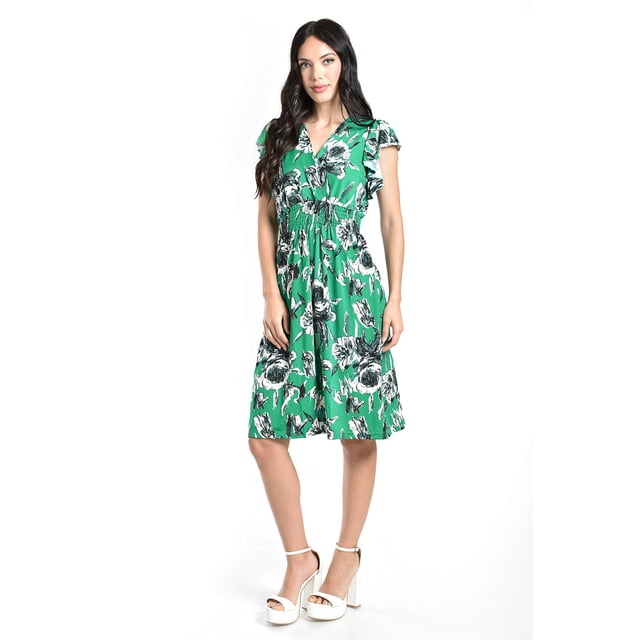 Vestido floreado cintura smock Roman Fashion /Juvenil, 8867 (Verde flor) verde G