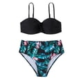 thumbnail image 2 of Seyurigaoka Women Summer Bikini Swimsuit Set, Solid Color Sleeveless Backless Bra+Flower/Leaves/Leopard Printed Panties, 2 of 9