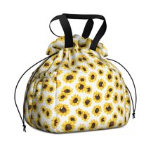 White Sunflower Drawstring Lunch Bag Women - Drawstring Lunch Bag Insulated for Work Office - Stain-Resistant Large Lunchbags for Women with Multi-Pockets