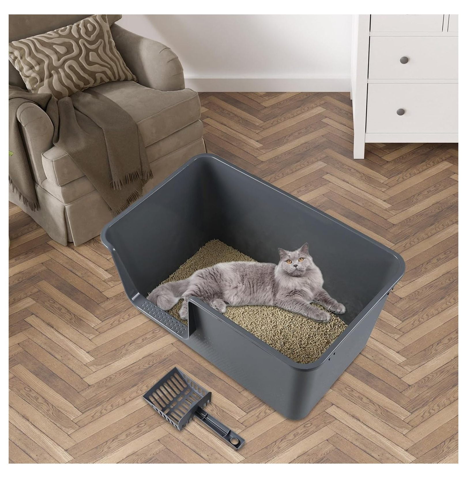 4-Pack Open Top Large Cat Litter Box with High Sided, 12.8" Heigh Anti-Splashing Kitty Litter Box with , Gray