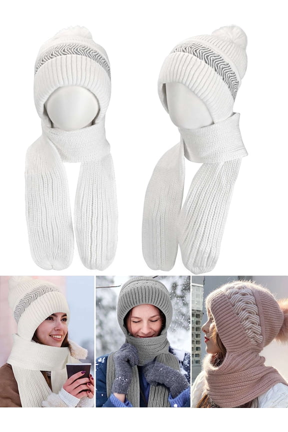 Women Winter Beanie Hat Scarf Set Knitted Fleece Lined Pompom Hats Skull Cap Warm Thick 2 in 1 Windproof Slouchy Beanie and Scarf Neck Warmer "White"
