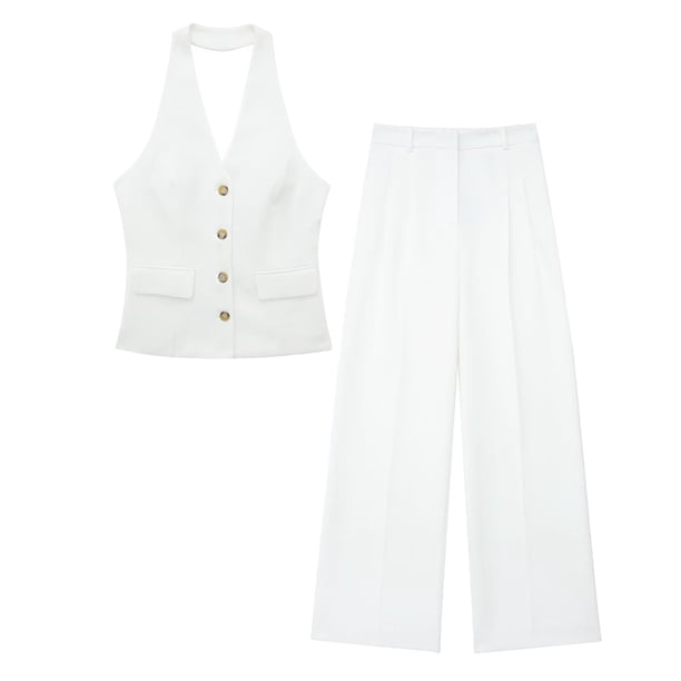 TRAF-Conjunto de 2 piezas con cuello Halter para mujer, chaleco sin mangas con bolsillo de una sola botonadura, Tops + bolsillos con cremallera de cintura alta, pantalón de pierna ancha