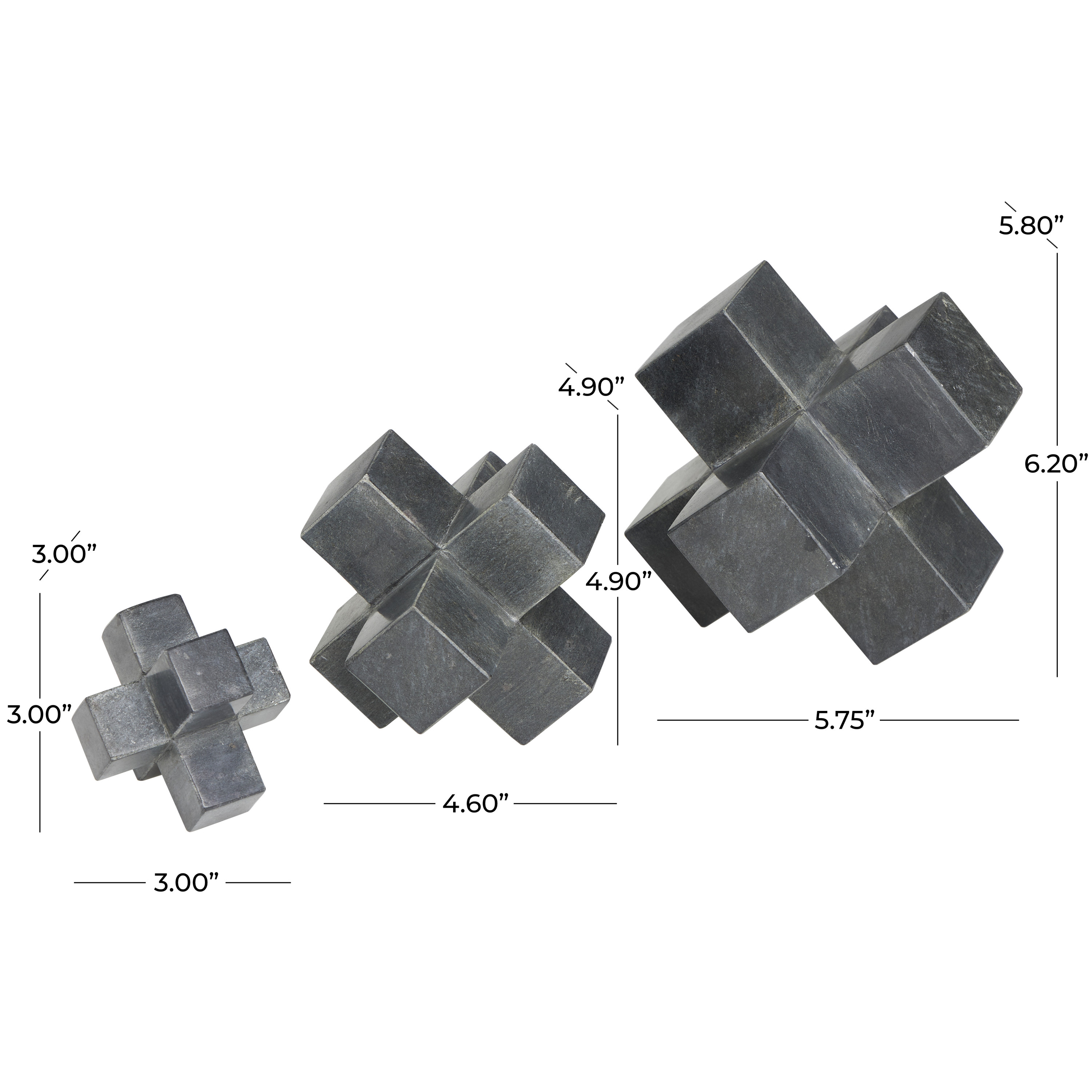 6", 5", 3"H Black Marble Geometric Jack Sculpture, by DecMode (3 Count)