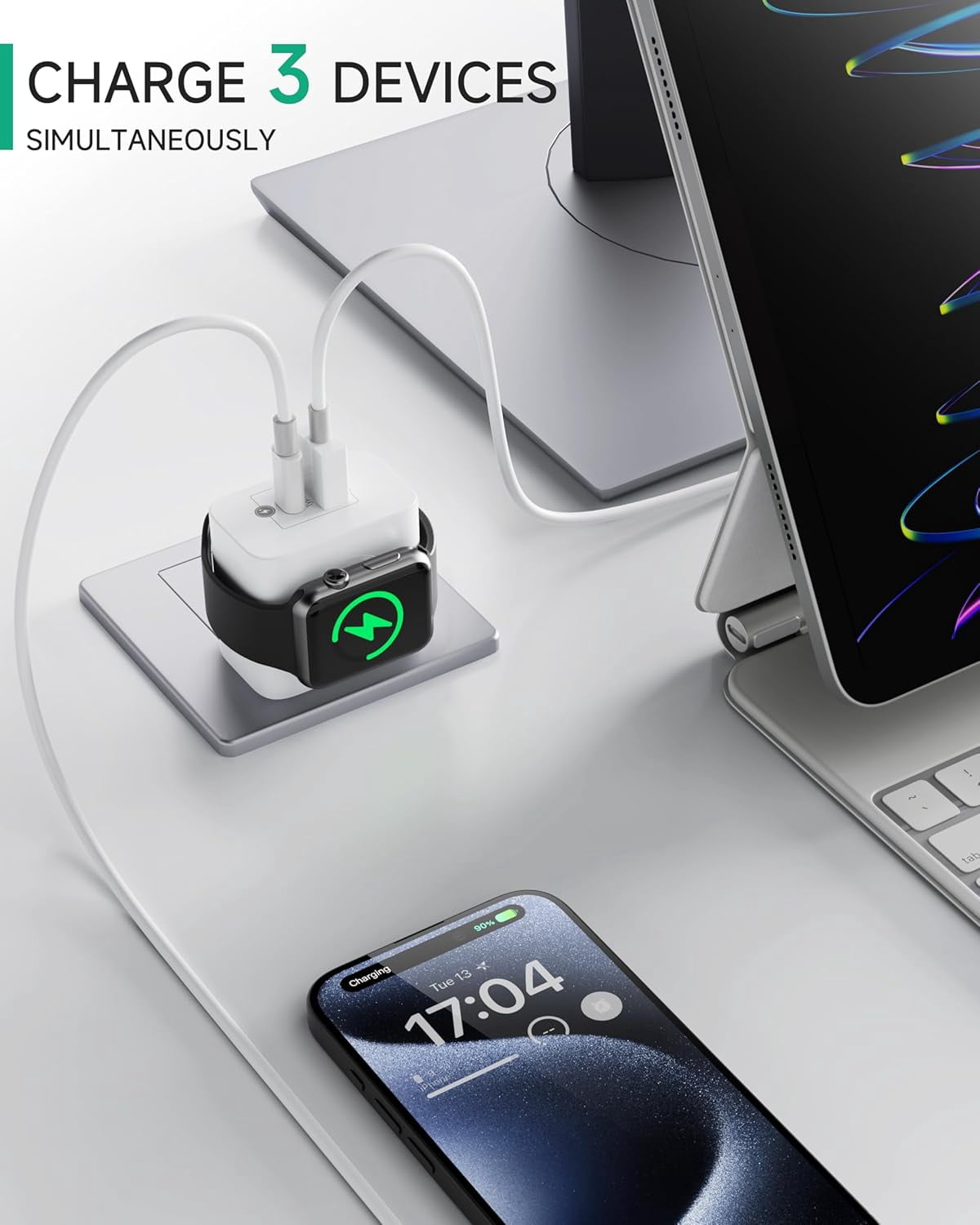 for Apple Watch Charger, USB C Charger Block,3 in 1 23W Fast Charging, Portable Plug Travel Essential Charge for iWatch Series Ultra/SE/10/9/8/7/6, iPhone 17/16/15/Pro Max,iPad Pro/Air, White