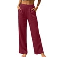 thumbnail image 2 of Favoffer Women's Linen Long Pants Solid Color Side Pocket Loose Straight Leg Casual Trousers Breathable Lightweight Summer Bottom for Travel Street Leisure, 2 of 8