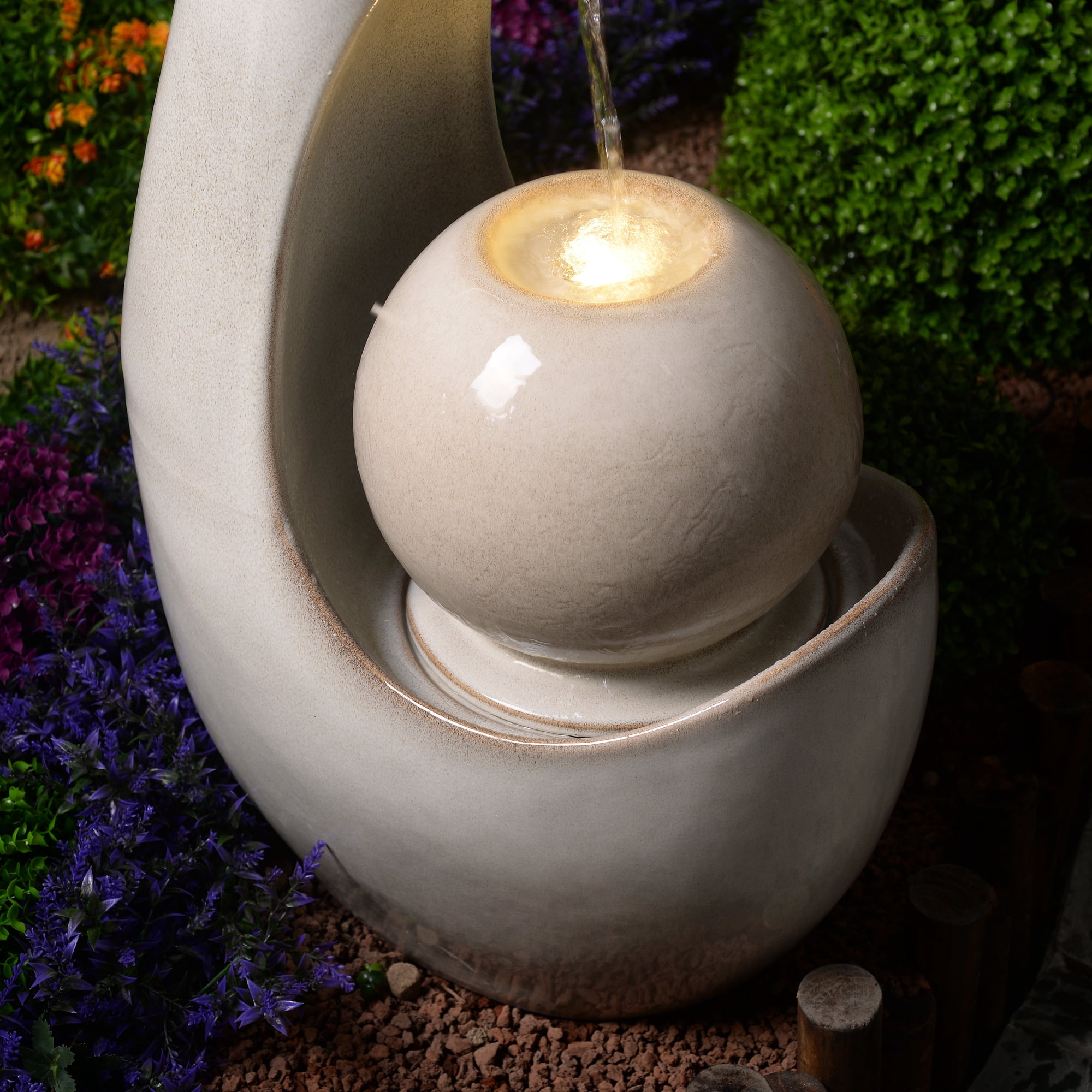 Hi-Line Gift Ceramic Fountain with Lights, Ivory Elegance, Outdoor Use
