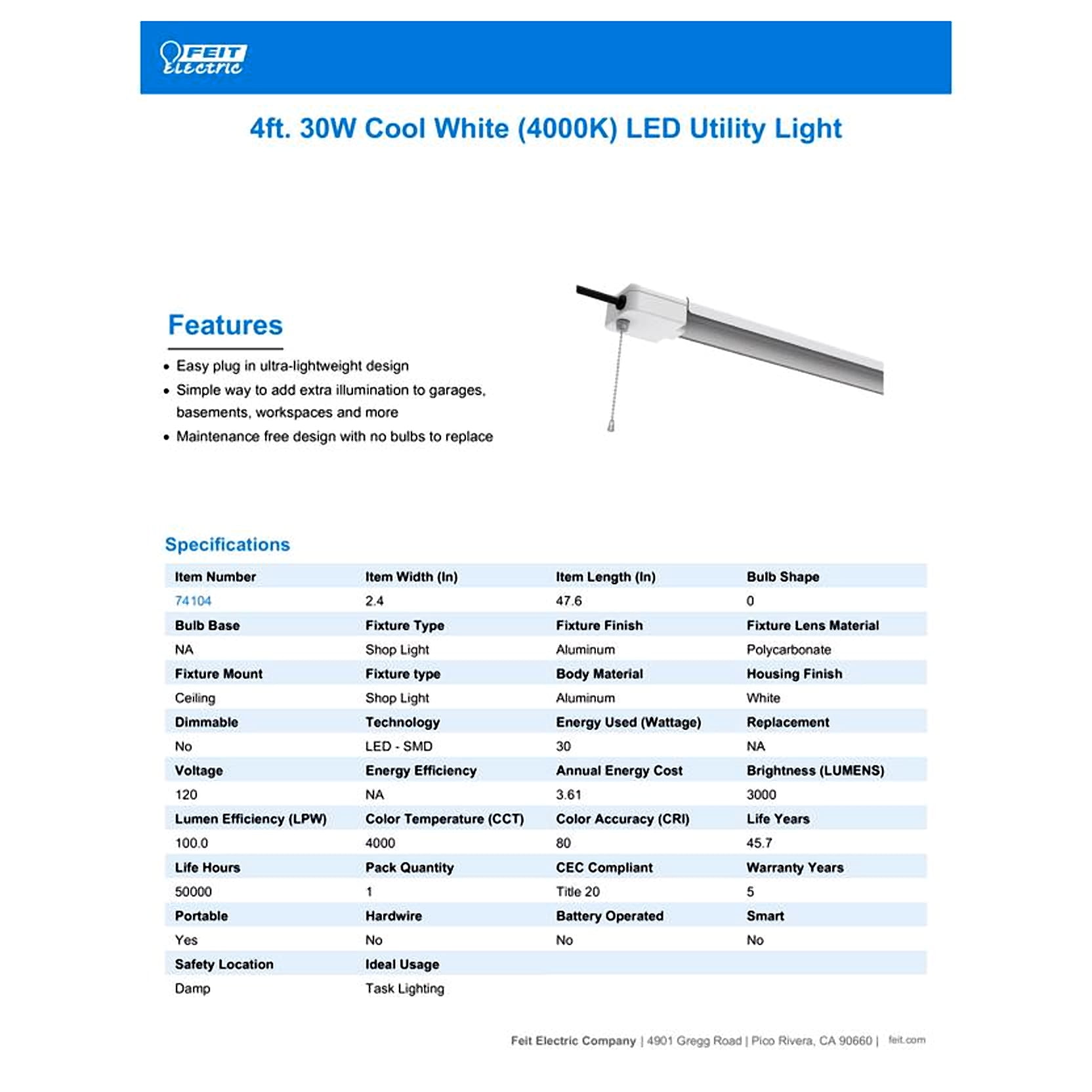 Feit Electric 74104 Shop Light SHOP 48" 1-Light each 30 W LED White