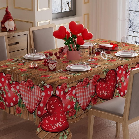 Wood Love Hearts Roses Flowers Valentine''s Day Tablecloth Rectangle Table Cloth Washable Table Covers for Indoor Dining Home Party Decorations 60x84 Inch