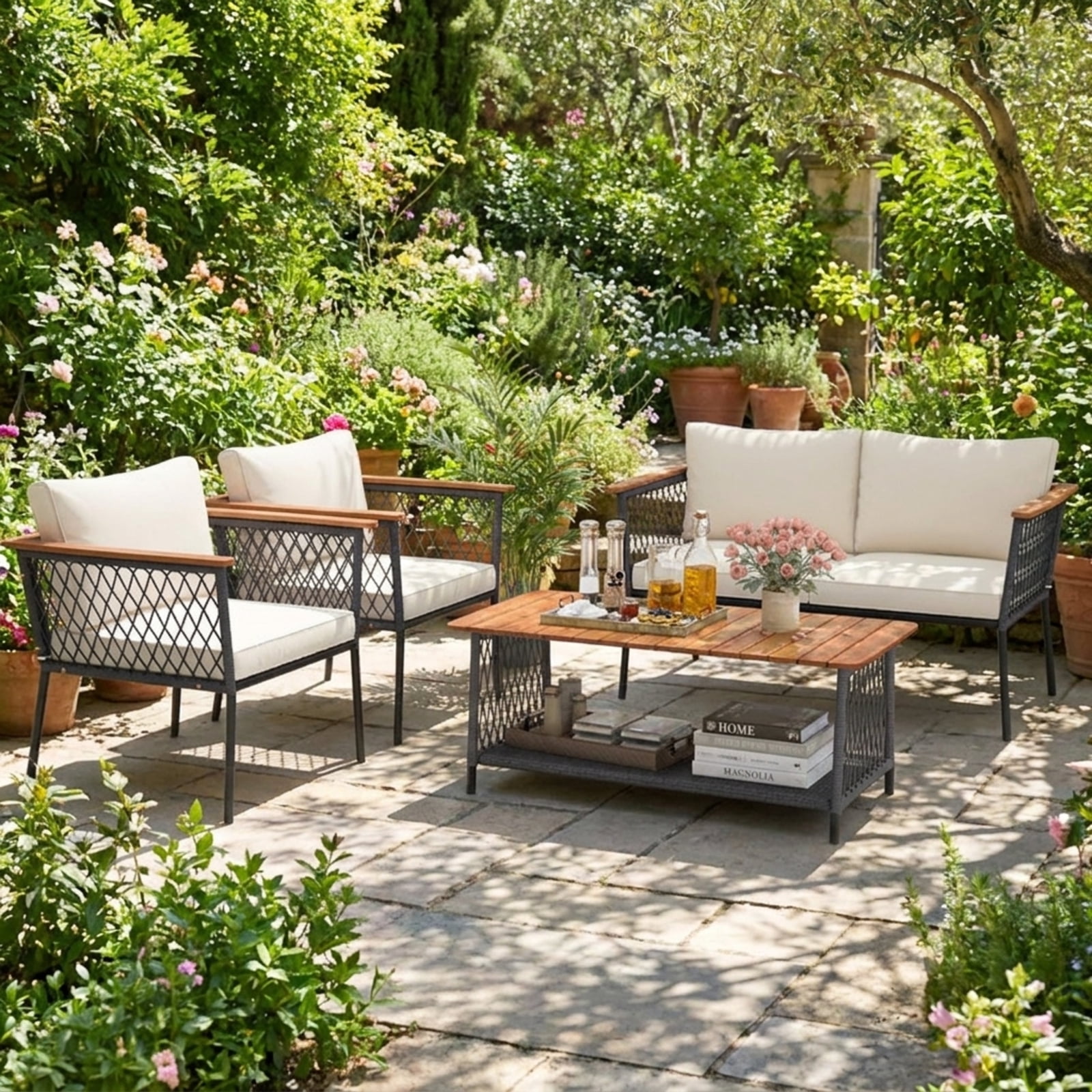 Furnibear 4 Piece Patio Furniture Set Outdoor Wicker Conversation Set with Cushioned Sofas and 2 Tier Coffee Table for Backyard Garden, Gray