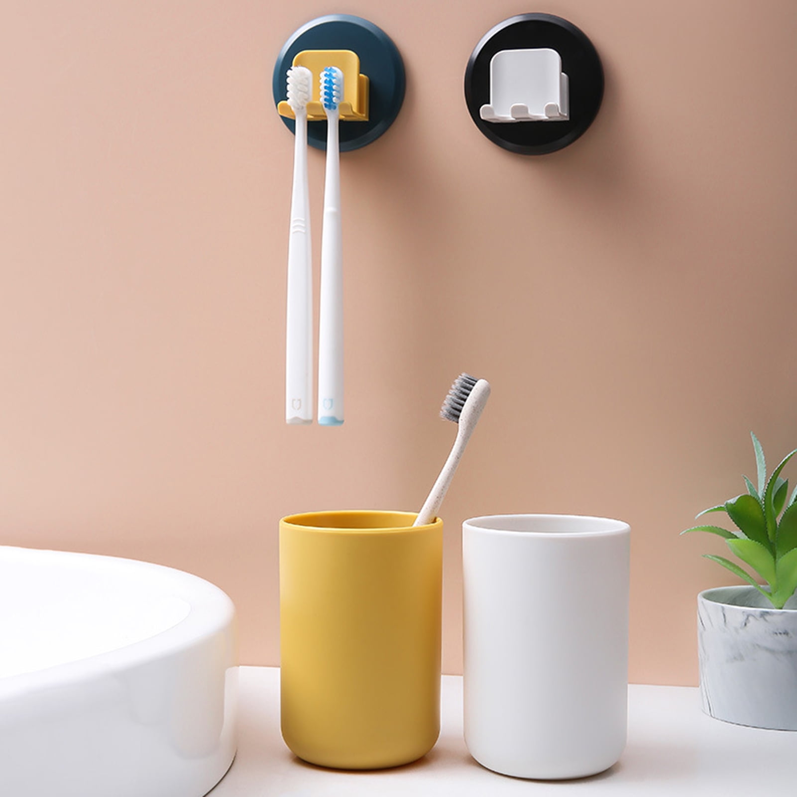 Yesbay Toothbrush Holder Wall Sticker Hanging Plastic Punch-free Cup Organizer for Bathroom,Yellow