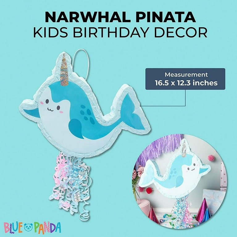 Blue Panda Pull String Narwhal Pinata for Birthday Party Supplies, Under The Sea Party Decorations, Baby Shower (Small, 16.5 x 12.3 x 3 in)