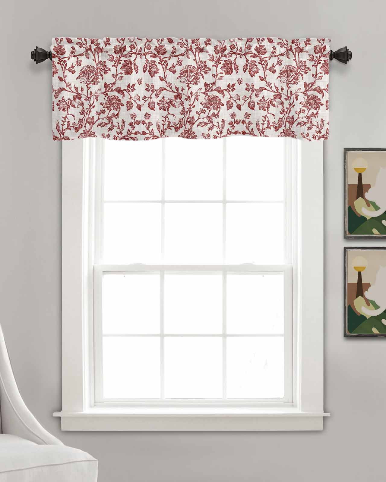 Farmhouse Red Kitchen Valances for Windows Farmhouse Linen Window Valance Curtain for Living Room Window Treatment Vintage Flower Leaf Botanical Plant Valance Rod Pocket Topper Drape, 42 x 18 Inch