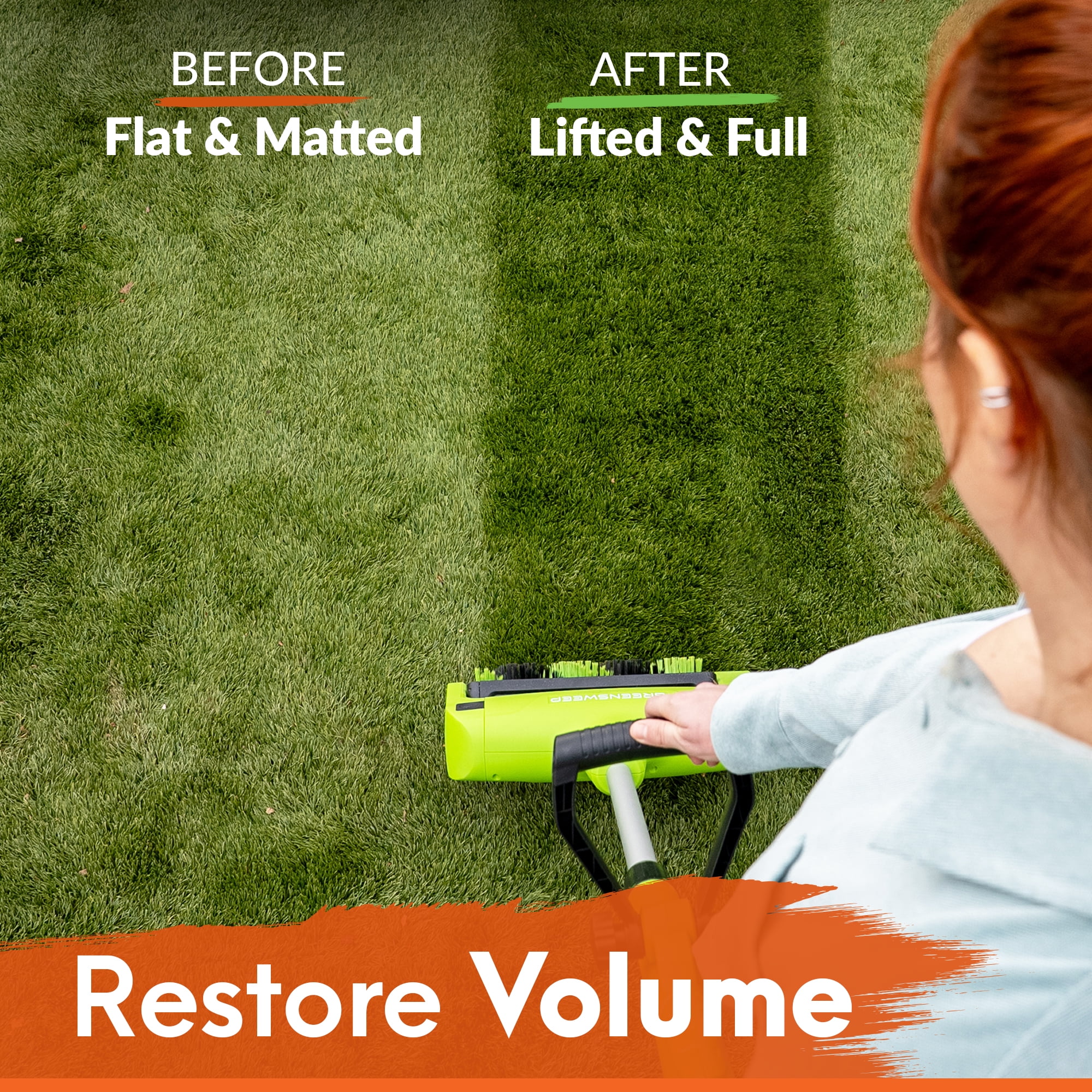 GreenSweep Reviver Volt Cordless Artificial Grass Power Brush, 12 in Cleaning Width, 20V Battery, Variable Speed, Removes Dirt, Debris and Pet Hair