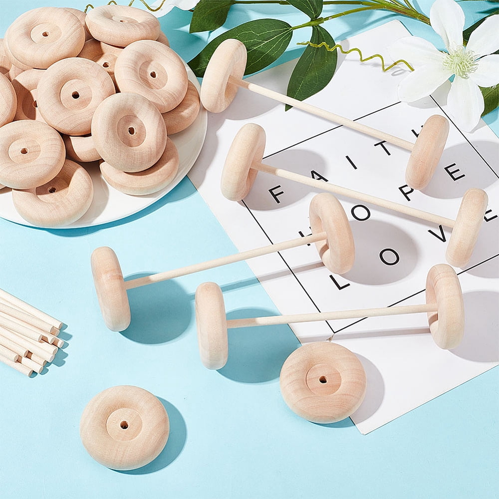 Unfinshed Wood Wheel & Stick DIY Wooden Craft Children Toys BurlyWood Wheel: 5x1.6cm Hole: 6mm Stick: 15x0.5cm DIY