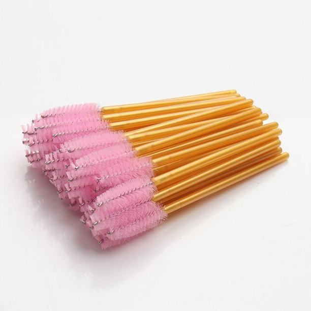 Nvzi 200 piezas de cepillos desechables para rímel de pestañas, para extensiones de pestañas, cejas y maquillaje (varilla amarilla, cabeza rosa)