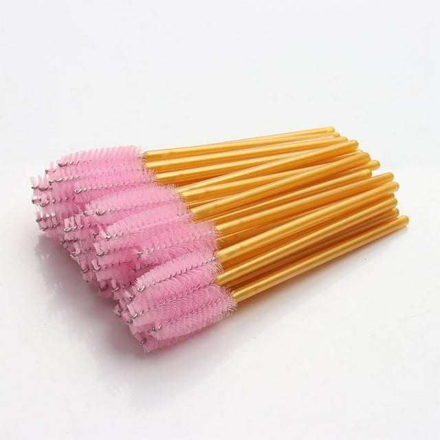 Nvzi 200 piezas de cepillos desechables para rímel de pestañas, para extensiones de pestañas, cejas y maquillaje (varilla amarilla, cabeza rosa)
