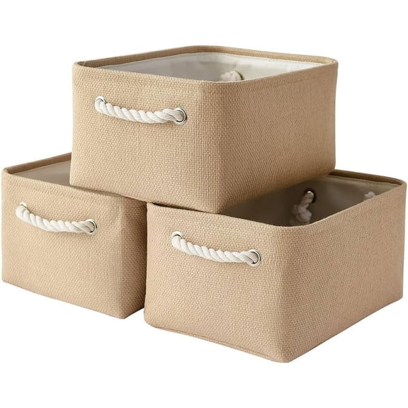 Tegance 3-Pack Large Storage Basket Set, Trunk Organizer, Clothes Toys Bin, 14 x 10 x 7 Inches, Big Rectangular Canvas Fabric Collapsible Shelf Box with Handles, Beige
