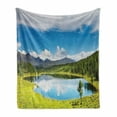 thumbnail image 1 of Landscape Soft Flannel Fleece Throw Blanket, Mountain Woodland Forest and Lake in Sunny Cloudy Sky Summer Nature, Cozy Plush for Indoor and Outdoor Use, 60" x 80", Green Blue White, by Ambesonne, 1 of 6