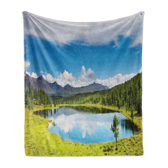 Landscape Soft Flannel Fleece Throw Blanket, Mountain Woodland Forest and Lake in Sunny Cloudy Sky Summer Nature, Cozy Plush for Indoor and Outdoor Use, 70" x 90", Green Blue White, by Ambesonne