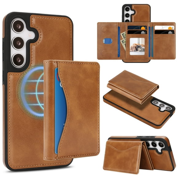 for Samsung Galaxy S24 Wallet Case, Magnetic Phone Cover with Detachable Card Holder, RFID Blocking 2-in-1 Purse Shockproof PU Leather Case with Stand for Samsung Galaxy S24, Darkbrown