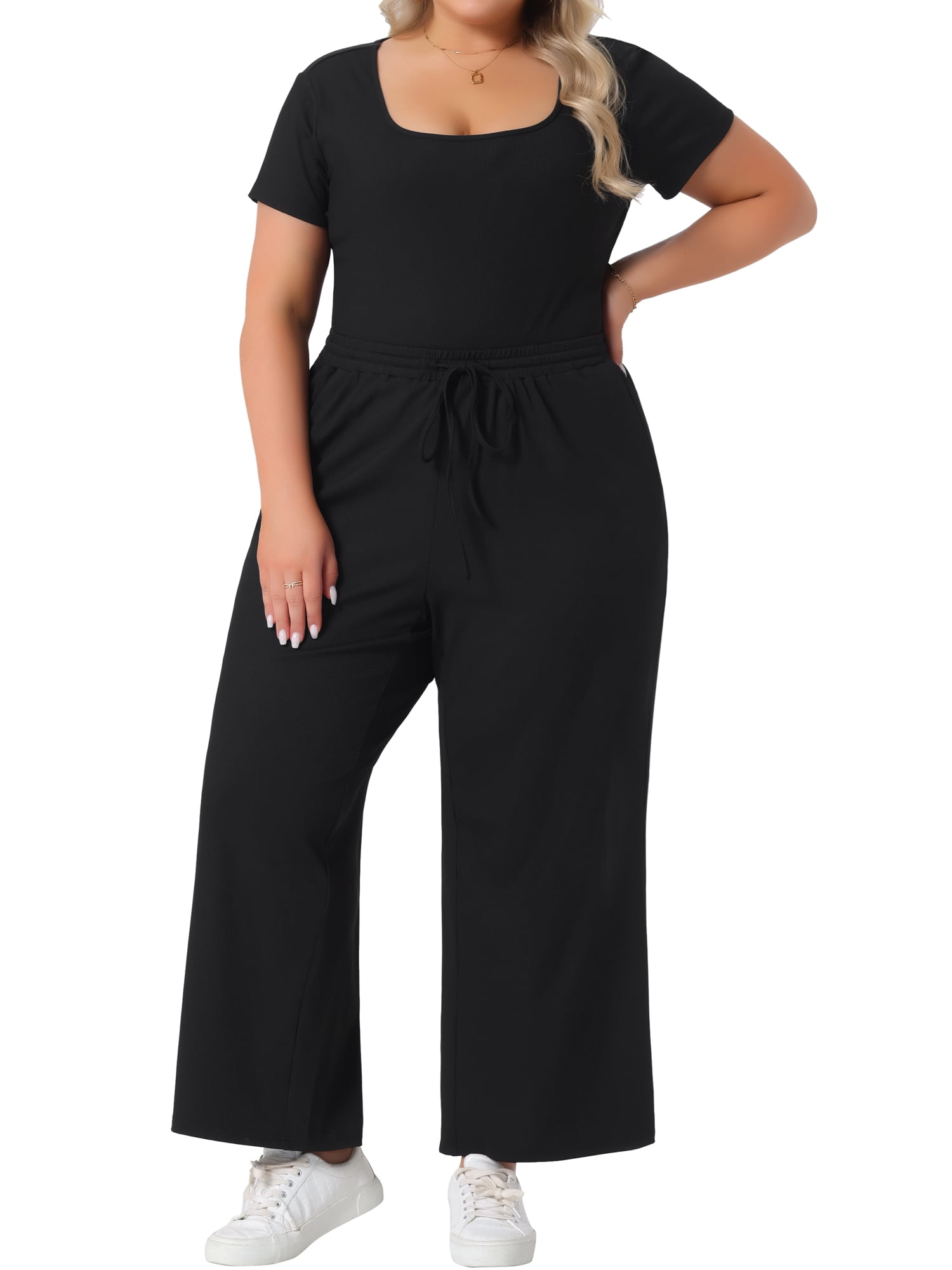 DARING DIVA Women's Plus 2 Pcs Short Set Bodysuit Top Wide Leg Pants 1X Black