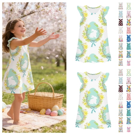 shqvo Toddler Girl Easter Dress Floral Print Ruffled Sleeve A-Line Dress for Girls Stylish Girls Easter Dress