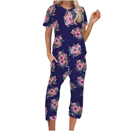 

Winter Savings! RQYYD Women s Leopard Floral Pajama Set Short Sleeve V Neck Shirt and Pants Lounge Sleepwear Pjs Sets with Pockets(Navy M)