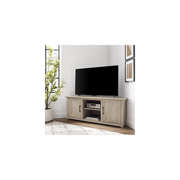 Corner TV Stand for TVs up to 65 Inch " Rustic Style Entertainment Center with Shelves " Frosted Oak