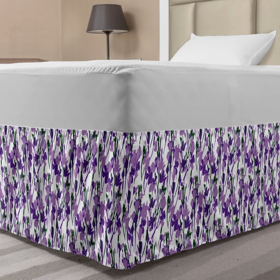 Floral Bed Skirt, Continuous Wild Flower Blossoms Tropical Bouquet Spring Feel Print, Elastic Bedskirt Dust Ruffle Wrap Around for Bedding Decor, 4 Sizes, Lavender Jade Green, by Ambesonne