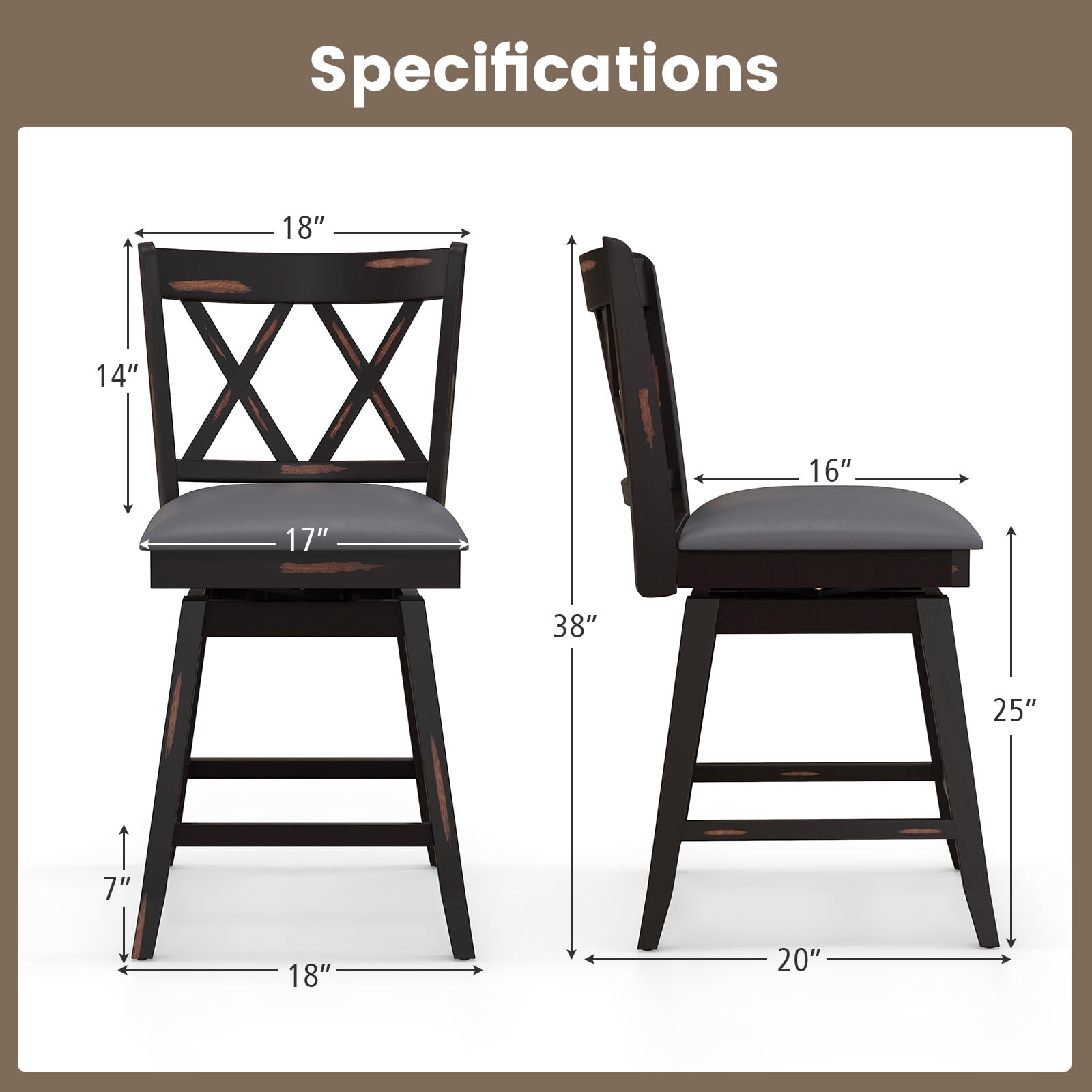 Costway 24" Bar Stools Set of 4 with Ergonomic Backrest Rubber Wood Legs Swivel Height Chairs Black, Gray