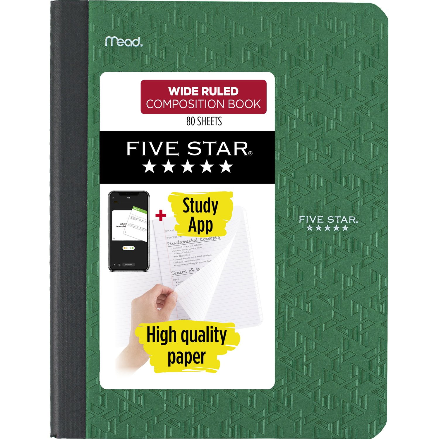 (2 pack) Five Star Composition Book Plus Study App, Wide Ruled, 80 Sheets, 7.5" x 9.75", Forest Green