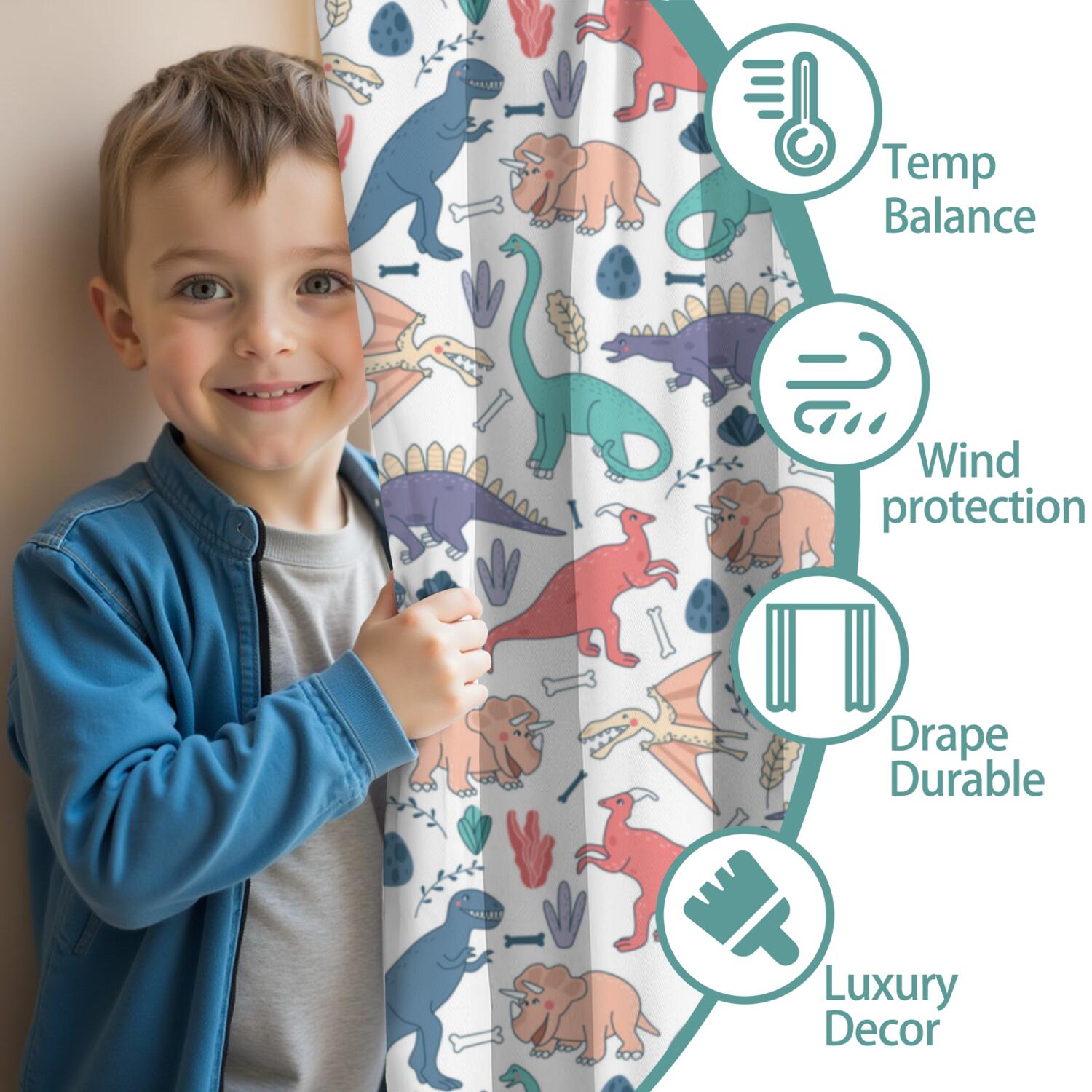 Funny Window Curtains for Kids Room - 42Wx63H Inch 2 Panels, Rod Pocket Colorful Cartoon Dinosaur Patterns for Boys Bedroom Decor Preschool Classroom Curtains Playroom Living Room Window Drapes