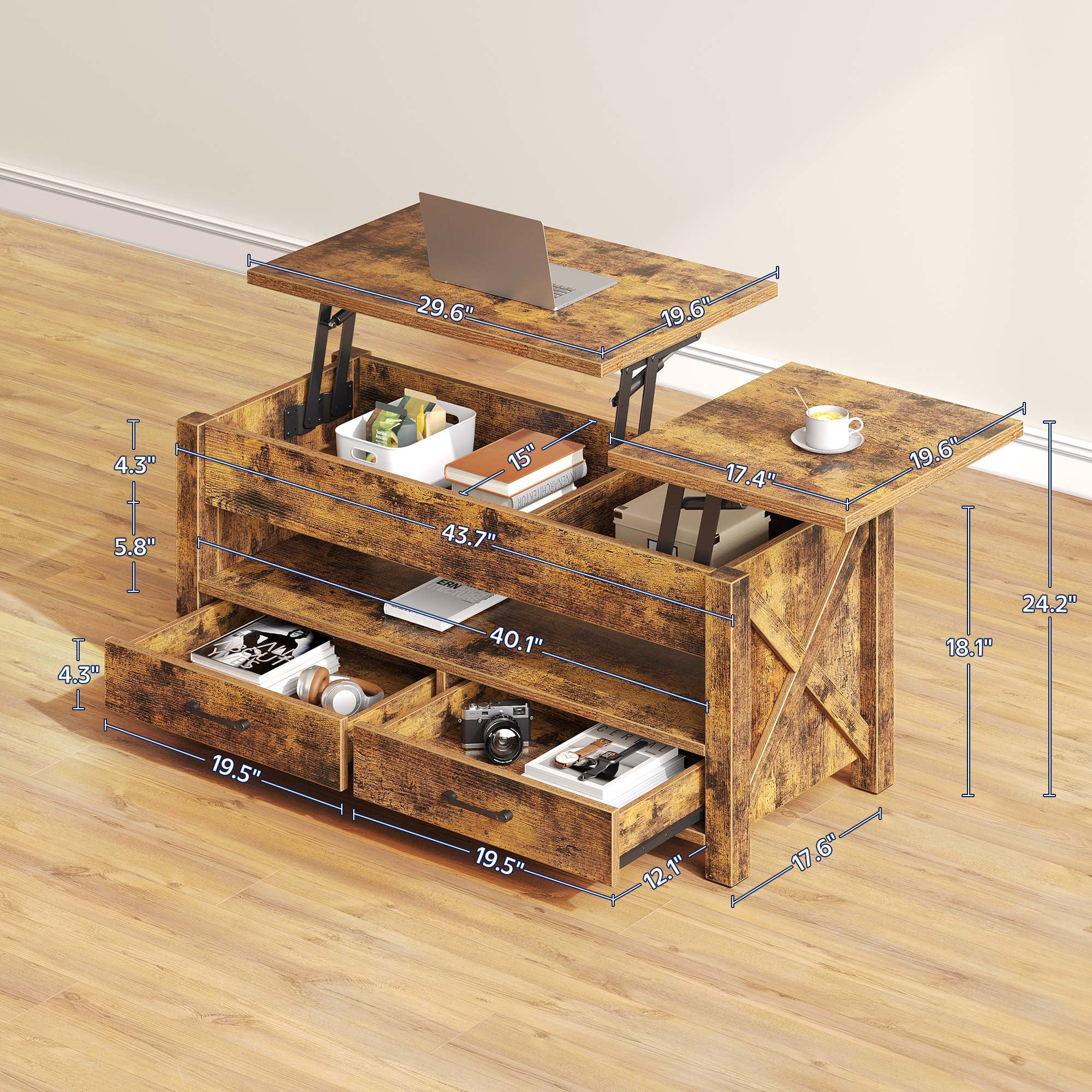 Greenstell Lift-Top Storage Coffee Table - Farmhouse Style with 2 Drawers, Hidden Compartment & Wooden Lift Tabletop - Rustic Brown - 44"