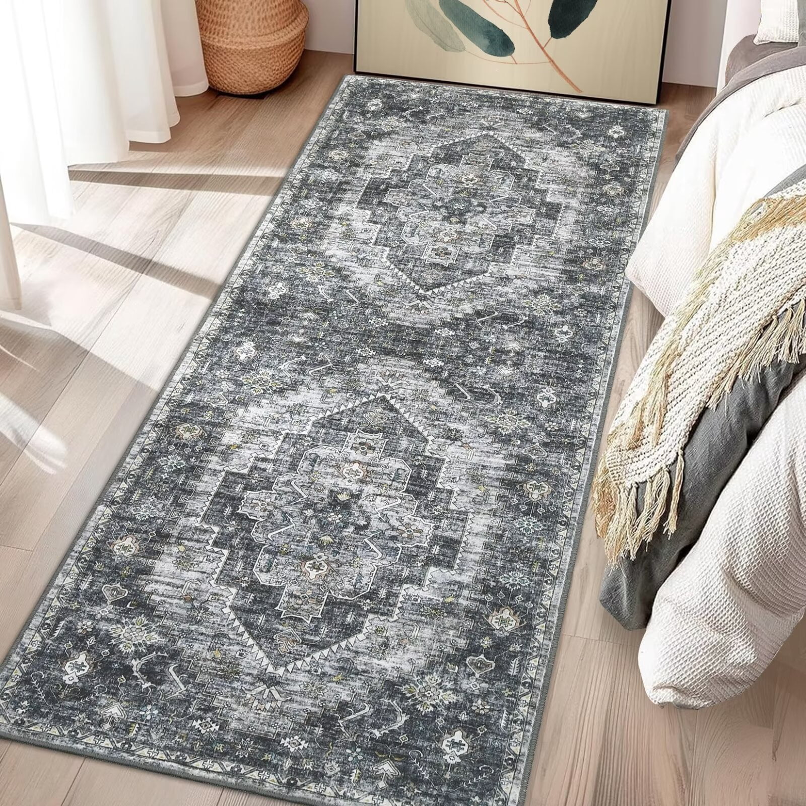 Hasoo 2' x 6' Runner for Hallway Boho Vintage Rug Non Slip Throw Rugs Floral Bedroom Rug, Gray