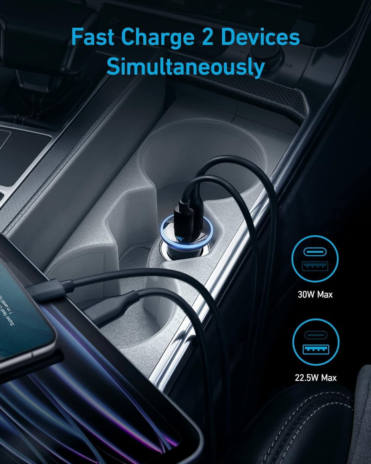 Anker 323 USBC Car Charger Adapter, 52.5W Cigarette Lighter Charger with 30W PowerIQ 3.0 Fast Charging for iPhone 17/16/15/14/13/12 Series, Galaxy S25/24, Pixel