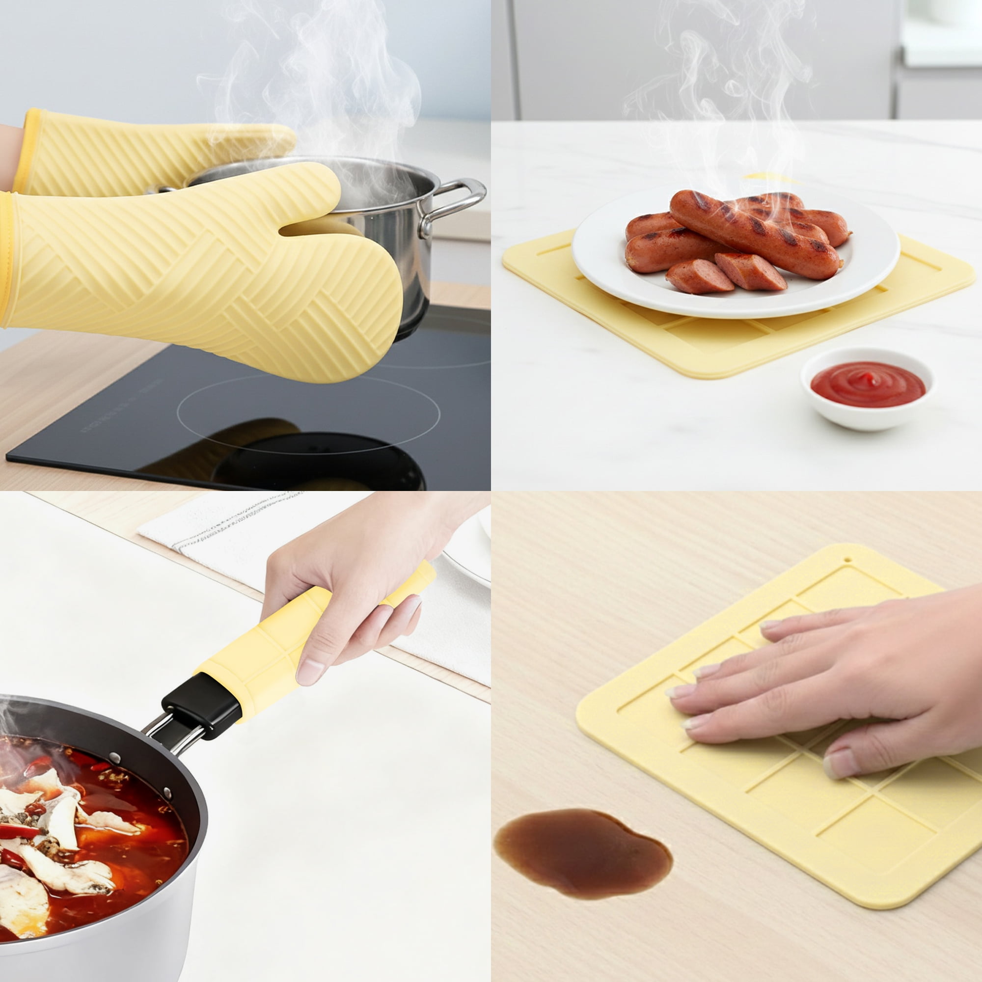 Unique Bargains Oven Mitts Pot Holders Heat Resistant Oven Gloves Yellow 13x7.5inch