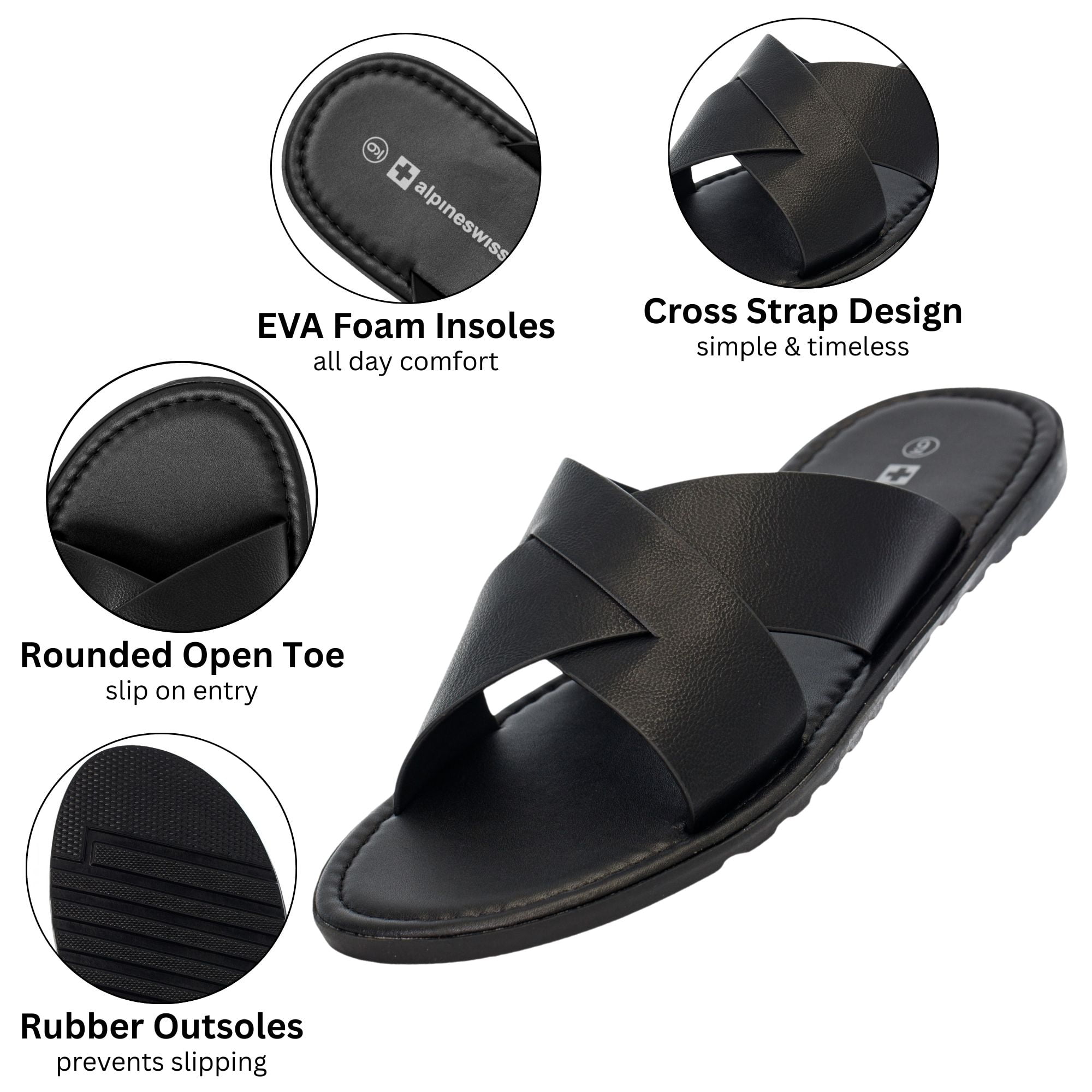 Alpine Swiss Hugo Mens Vegan Leather Slide Sandals Dressy Comfy Indoor Outdoor Shoes Cross Strap Design for Casual Elevated Wear Anti-Slip Flip Flops