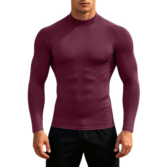 Men Solid Color Neck Compression Long Sleeve Shirt, Slim Fit Stretchy Athletic Base Layer Top for Gym Running Workout Daily Casual Wear(,XXL)