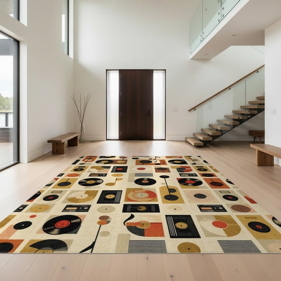 Design&I 8'x10' Washable Area Rug Sleek Flatweave Pet Friendly Record Vinyl Retro Music Abstract Turntable Motif Cd Disc Shape for King Size Bedroom, Under Bed