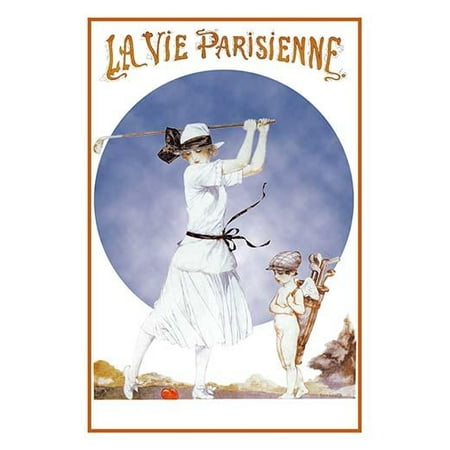 A woman takes a swing with a golf club at a heart as cupid acts as a caddy  The art is from the cover of La Vie Parisienne a French weekly magazine founded in Paris in 1863 and popular at the start