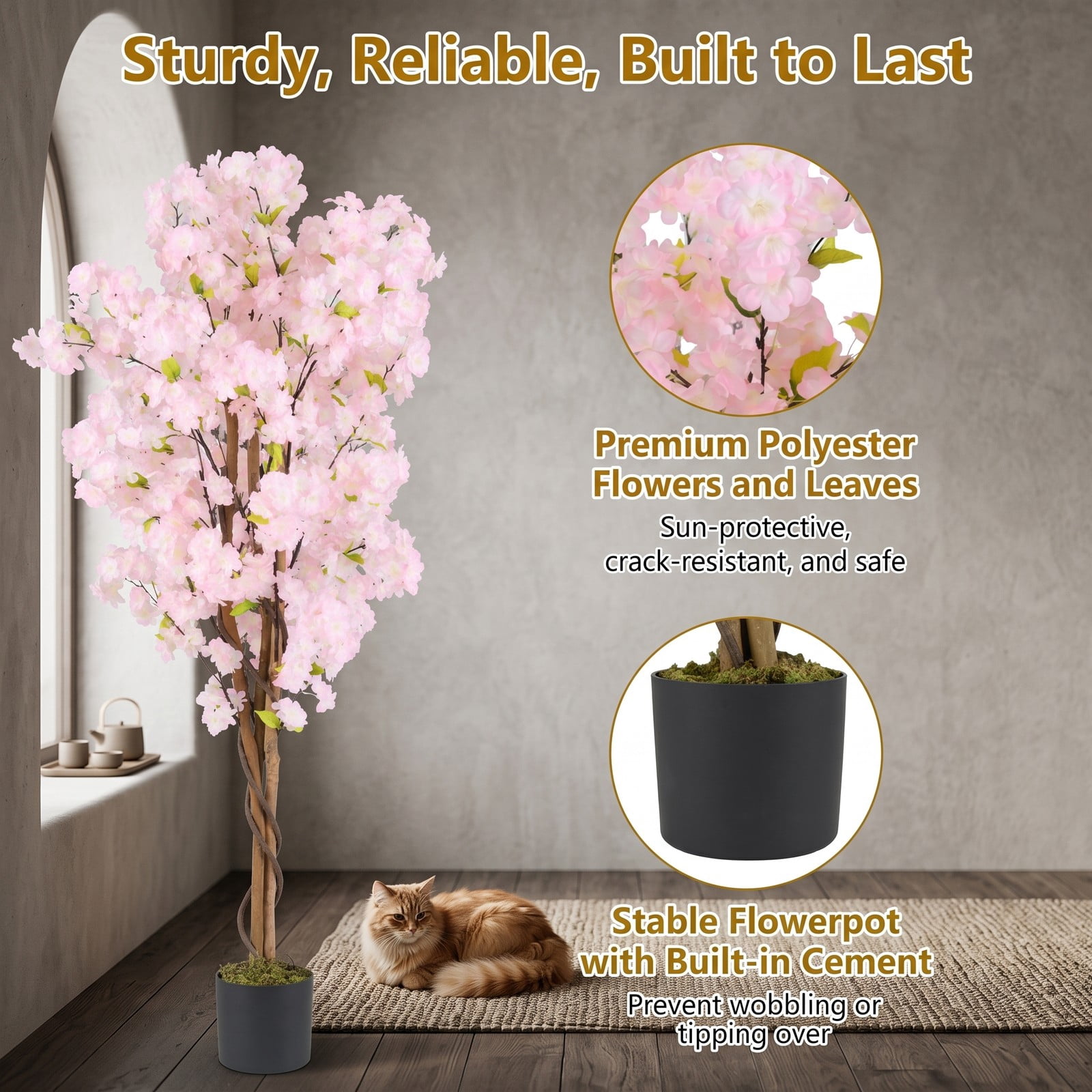 ALPULON 5 FT Artificial Cherry Blossom Tree with Pink Flowers, Faux Silk Blossom Tree with Cement-Filled Pot and Adjustable Branches for Home Office Wedding, Pink