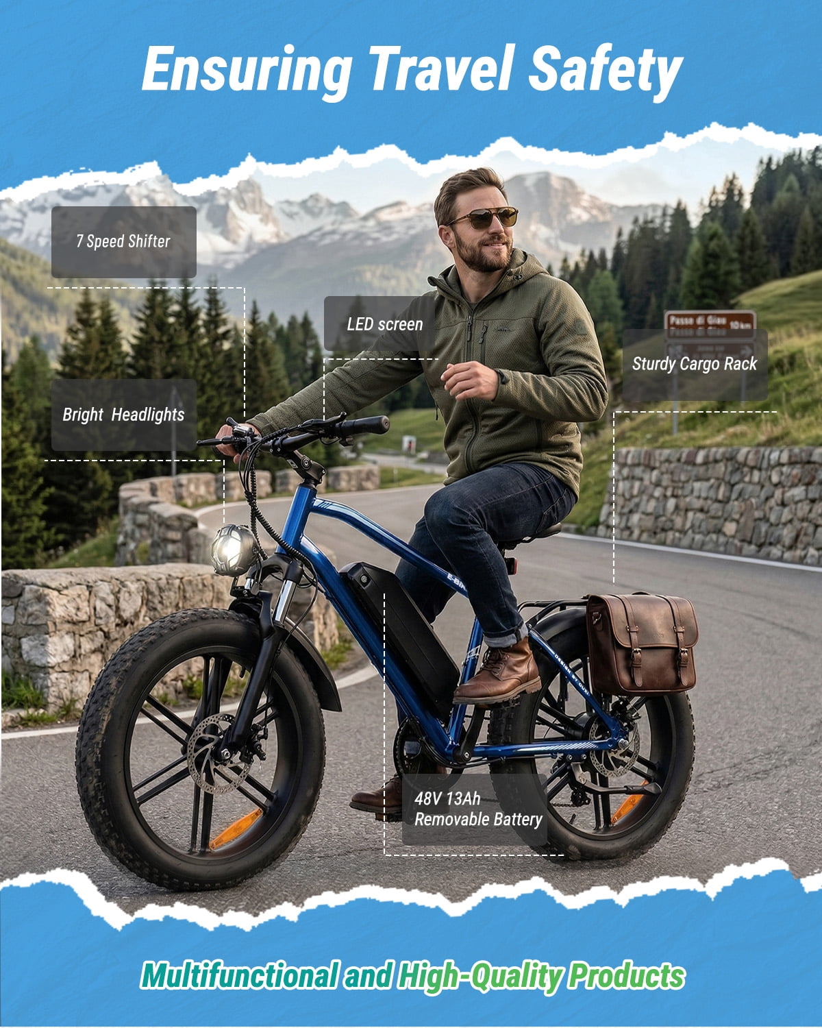 VTKOW R7 Fat Tire Electric Bike, 1000W Peak High Power Off-Road Ebike, 48V 13Ah Battery 25MPH, 20" All-Terrain Electric Mountain Bicycle with Front Suspension, 7-Speed, UL Certified