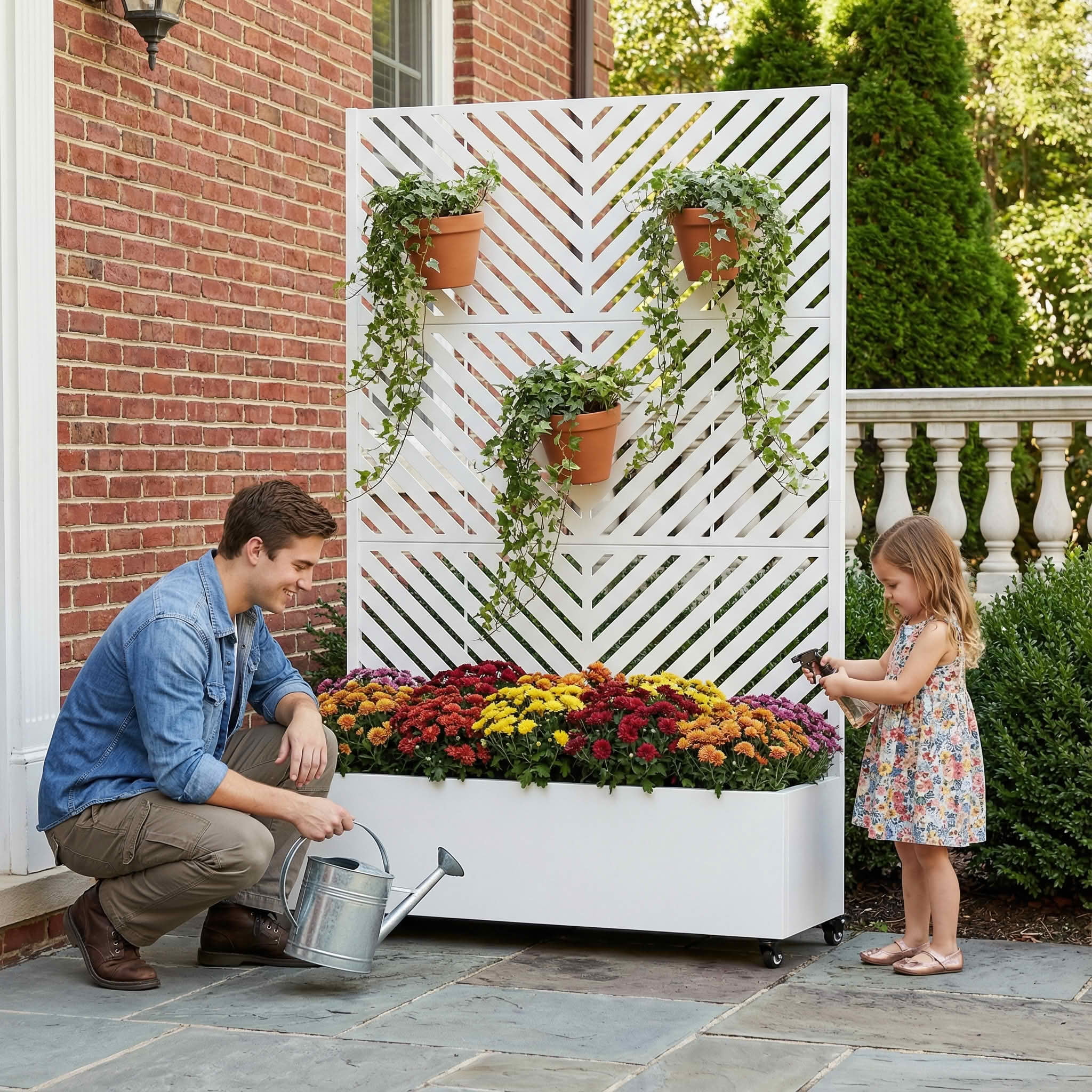 MAYEERTY 72X47" Metal Outdoor White Privacy Screen with Planter Box for Backyard & Garden, 3 Piece Set