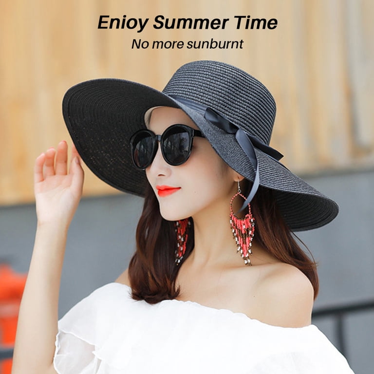 Classy Wide Brim Black Women\'s Straw Sun Hat with Skinny Band Fdelink Sun Hat Sun UV Protection Hat Women Big Brim Straw  main image 2