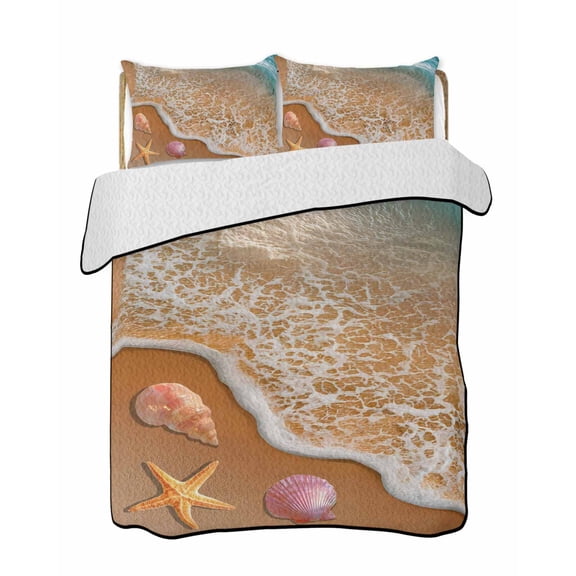 Quilts Full Size Bedding Set, Coastal Beach Lightweight Quilted Comforter, Summer Ocean Sea Waves Starfish Teal Beige Soft Reversible Bedspread Coverlet with Pillow Covers for All Season, 78" x 90"