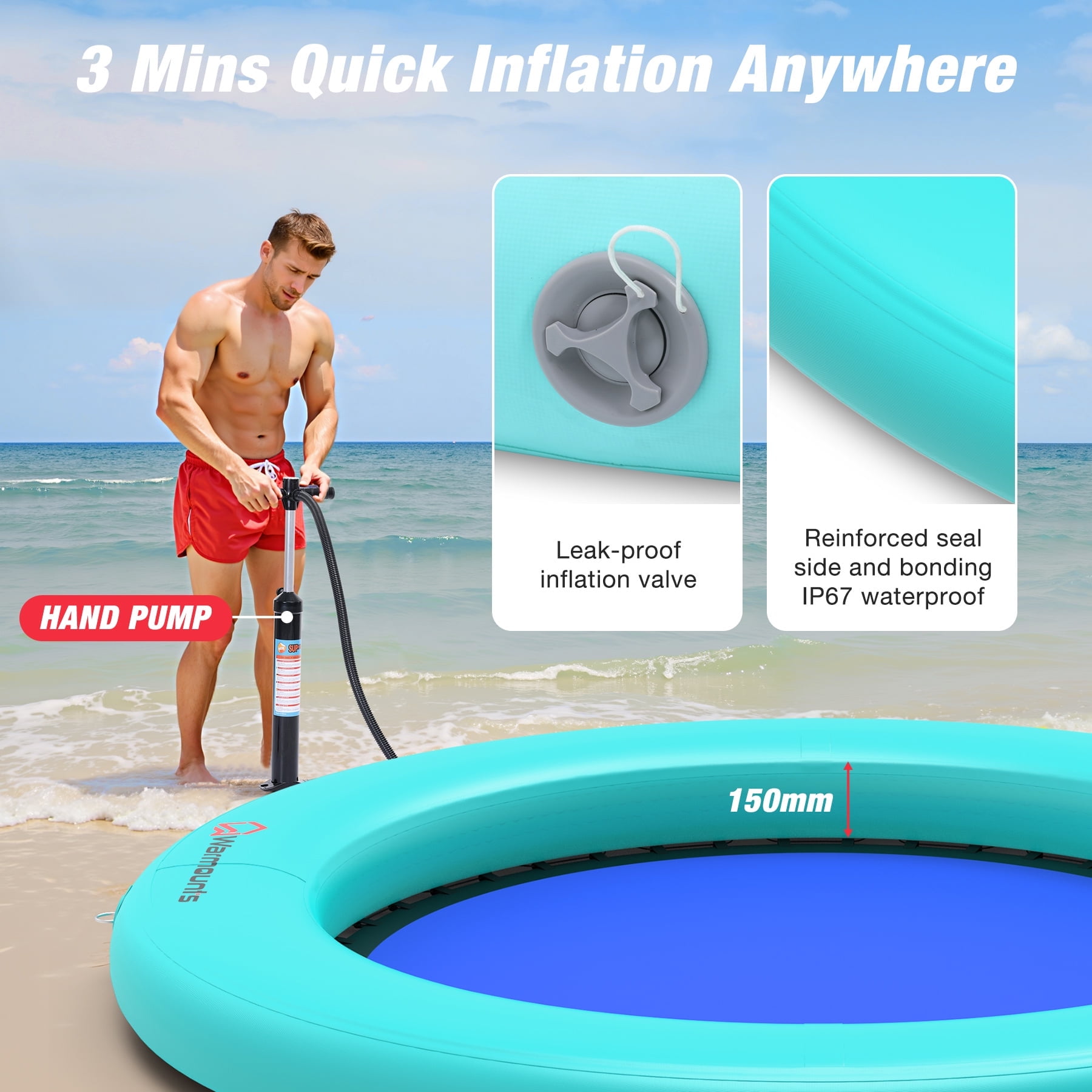 WARMOUNTS Inflatable Water Hammock Floating Dock, 6' x 6' Round Inflatable Raft for Water Recreation, Non-Slip Float Ring for Ocean Lake River Boat