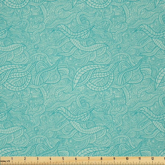 Ambesonne Aqua Fabric by the Yard Microfiber, Vintage Botanic Leaves, 10 Yards, Turquoise and White